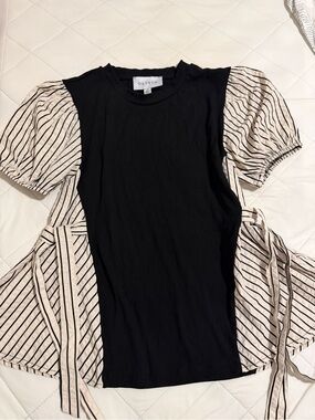 Black Ribbed Top with Cream & Black Striped Puff Sleeves